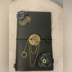 Steampunk Black and Gold Journal with Blue Floral Accents